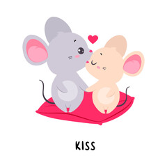 Little Mouse Sitting on Pillow and Kissing Demonstrating English Verb for Educational Activity Vector Illustration