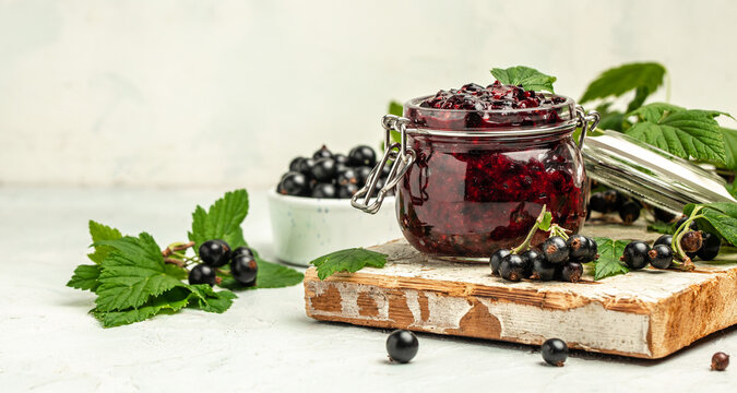 Delicious black currant jam curd, custard or jam and fresh berries, Long banner format. top view