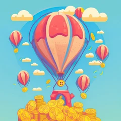 Keuken foto achterwand Luchtballon Stapel contant geld stijgt met economische inflatie en stijging van rentetarieven, contante besparingen, woningkredieten en andere financiële producten die inflatie ervaren