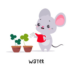 Little Grey Mouse Watering Plant in Pot Demonstrating English Verb for Educational Activity Vector Illustration