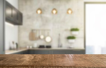 Wood table shelf on blur cooking kitchen background.For montage product display or design key visual layout.Kitchen and cooking concept.View of copy space.