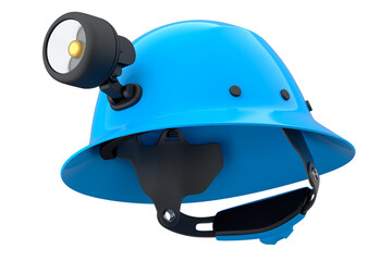Blue safety helmet or hard cap with flashlight isolated on wihte background