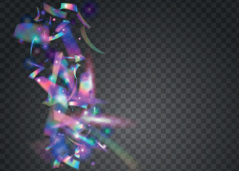 Iridescent Tinsel. Carnival Texture. Purple Shiny Background. Blur Christmas Sunlight. Fantasy Art. Surreal Foil. Disco Element. Transparent Confetti. Pink Iridescent Tinsel
