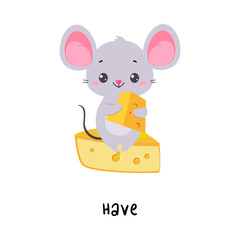 Little Mouse Having Cheese Demonstrating English Verb for Educational Activity Vector Illustration
