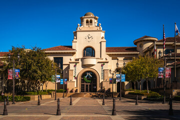 Temecula City Hall building with Christmas Greetings on a bright sunny autumn day with blue sky in Southern California, USA