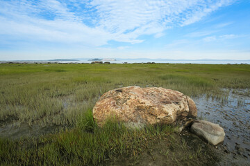 View on the Gros Pelerin island from Notre-Dame-du-Portage, Quebecc. Canada on the St. Lawrence river with big rock