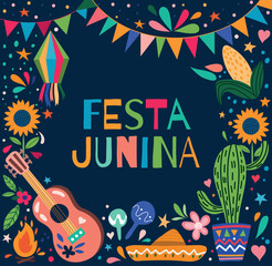 Festa Junina banner. Greeting or invitation postcard design. Latin American traditions and culture. Guitar, cactus and sunflower, sombrero hat. Poster or cover. Cartoon flat vector illustration