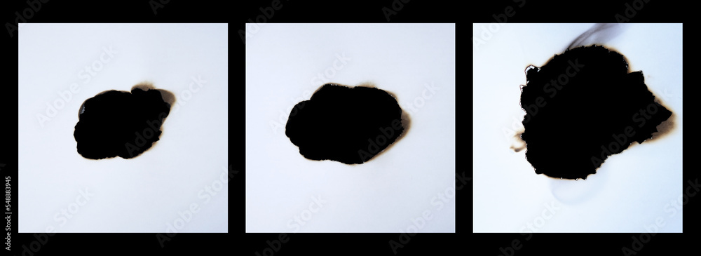 Poster Set of burnt paper frame for texture overlay. Damaged white paper with burnt stain. Blank ripped paper edge for a design element.