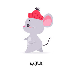 Little Grey Mouse in Hat Walking Demonstrating English Verb for Educational Activity Vector Illustration