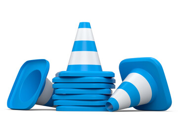 Set of traffic cones for under construction road work on white background.