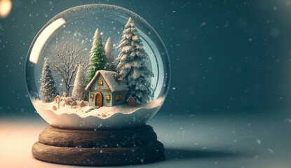 winter wonderland with little town and Christmas tree inside a snow globe , snowing, festive.	