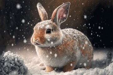 Rabbit on falling snow background	
