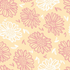 Fototapeta na wymiar Vector pink daisies leaves yellow seamless pattern