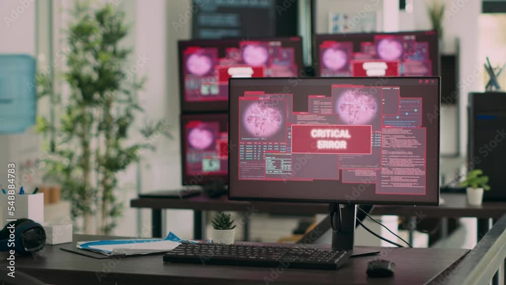 Poster computers displaying critical error message flashing on screen, dealing with hacking threat and comp
