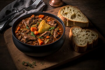 Hearty Beef Stew with potato in crock pot and a side of toast - obrazy, fototapety, plakaty