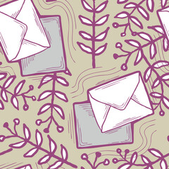 Envelop letter and plant. Romantic seamless vector pattern design for background, digital paper, wallpaper, textile print, fabric texture. Hand drawn elegant illustration. Retro communication style.