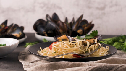 Homemade pasta spaghetti with mussels