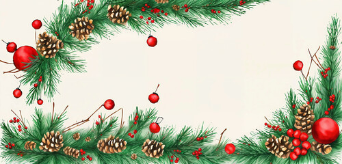 Fototapeta na wymiar watercolor christmas holly branches decorations and balls for background, holly branches fir over white paper, green and red tones