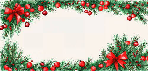 watercolor christmas holly branches decorations and balls for  background, holly branches fir over white paper, green and red tones