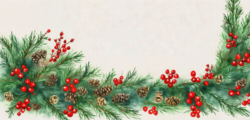 watercolor christmas holly branches decorations and balls for  background, holly branches fir over white paper, green and red tones