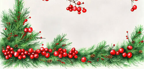 watercolor christmas holly branches decorations and balls for  background, holly branches fir over white paper, green and red tones