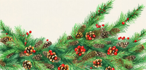watercolor christmas holly branches decorations and balls for  background, holly branches fir over white paper, green and red tones