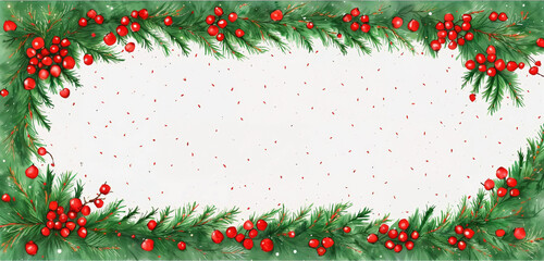 watercolor christmas holly branches decorations and balls for  background, holly branches fir over white paper, green and red tones
