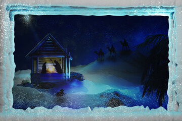 Christmas Nativity Scene in Bethlehem with Baby Jesus in manger, Virgin Mary, Joseph and Three Wise Men. 3D render illustration.
