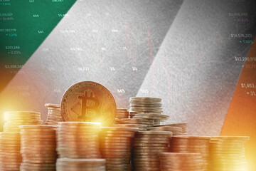 Ireland flag and big amount of golden bitcoin coins and trading platform chart. Crypto currency