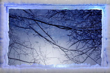 Frozen Christmas winter window with falling snow oustide. 3D render illustration.