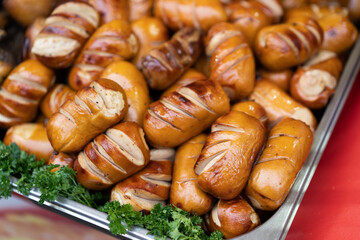 delicious grilled sausages with salad and vegetables
