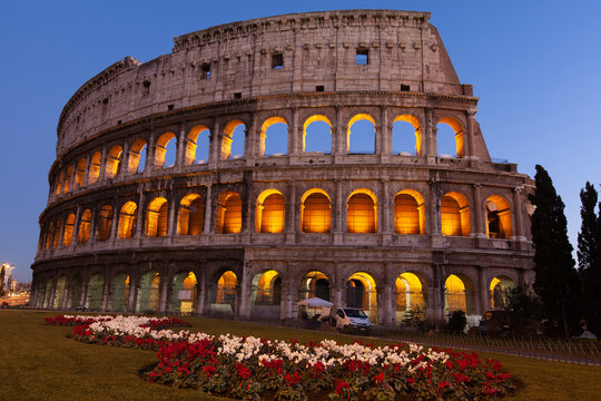rome, italy, colosseum old ancient building gladiator battle at night.