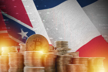 Mississippi new US state flag and big amount of golden bitcoin coins and trading platform chart....