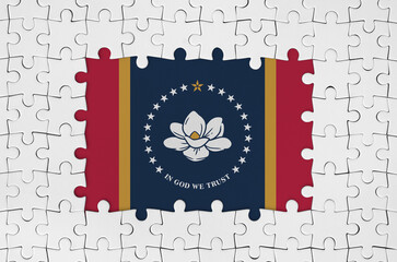 Mississippi new US state flag in frame of white puzzle pieces with missing central part