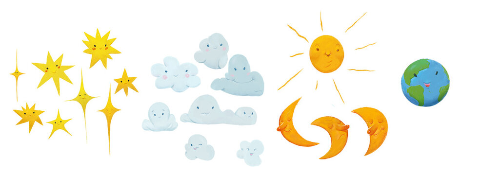 Super cute sun, moon, stars, planet earth, clouds - Characters mega set - transparent PNG file - in a cartoon childrens book style
