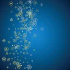 Fototapeta na wymiar New Year frame with gold snowflakes on blue background. Winter window. Christmas and New Year frame for gift certificate, ads, banner, flyer, sales offers, event invitations. Glitter snow with sparkle