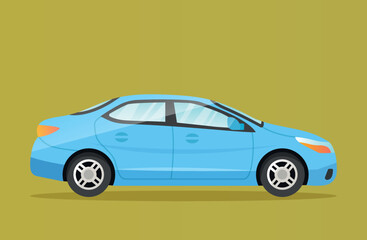 Blue car icon. Sticker for social networks and messengers. Stylish logotype for company, branding. Sedan and transportation, vehicle. Road and highway, wheels. Cartoon flat vector illustration