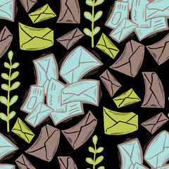 Envelop letter and plant. Romantic seamless pattern design for background, digital paper, wallpaper, textile print, fabric texture. Hand drawn elegant illustration. Vintage retro communication style.