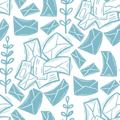 Envelop letter and plant. Romantic seamless pattern design for background, digital paper, wallpaper, textile print, fabric texture. Hand drawn elegant illustration. Vintage retro communication style.