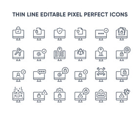Desktop security vector line icons. Computer privacy and protection icon collection. Computer network security symbols. Editable pixel perfect