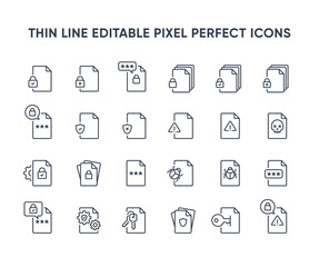 File security vector line icons. Document protection icon collection. Different variations of file secure symbol. Editable pixel perfect