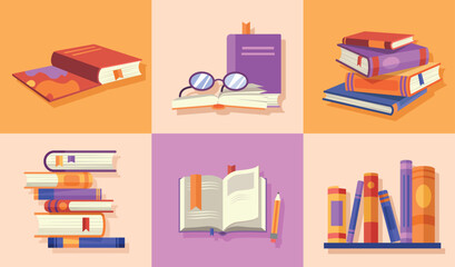 Set of books. Collection of posters or banners for website. Symbol of education and learning, useful hobbies and love of literature. Training and development. Cartoon flat vector illustration