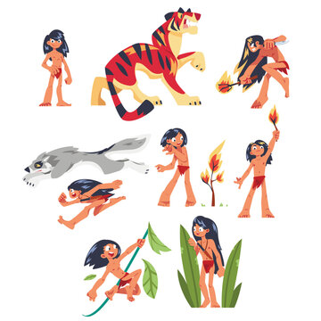 Mowgli Fictional Character as Feral Boy from Jungle Raised with Wolves Vector Set