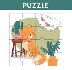 Animal puzzle concept. Educational material for children, development of concentration and attention. Poster or banner for website with pet. Cat dreams of sausage. Cartoon flat vector illustration