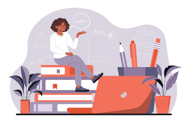 Speech therapist concept. Girl discusses problems on background of blackboard with numbers. Education and training, teacher leads lesson. Psychology and mental health. Cartoon flat vector illustration