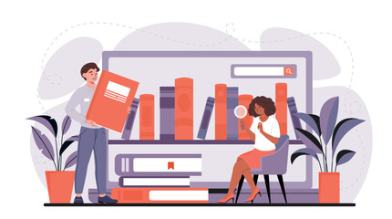 Searching educational literature. Man and woman choose books, students. Education and training, knowledge and information. Characters preparing for examination. Cartoon flat vector illustration