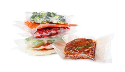 Vacuum packs with different food products on white background - obrazy, fototapety, plakaty