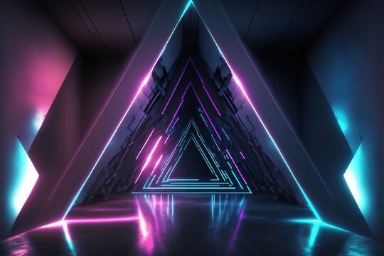 Sci Fi Futuristic Neon Glowing Purple Blue Pink Triangle Shaped Tilted Lines, Metal Reflective Mesh Surface Tunnel Room Hall . Generative AI Technology © Art Master