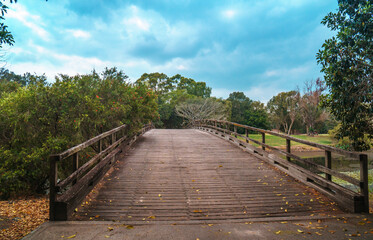 Beautiful old boardwalk at the Glades Golf Course, one of Australia’s most prestigious resort golf courses in Queensland, Gold Coast. Designed by Australian golfing icon, Greg Norman.