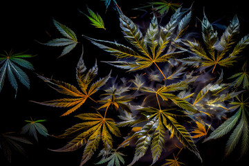 Naklejka na ściany i meble Cannabis leaves held in the air with black background 3d render 